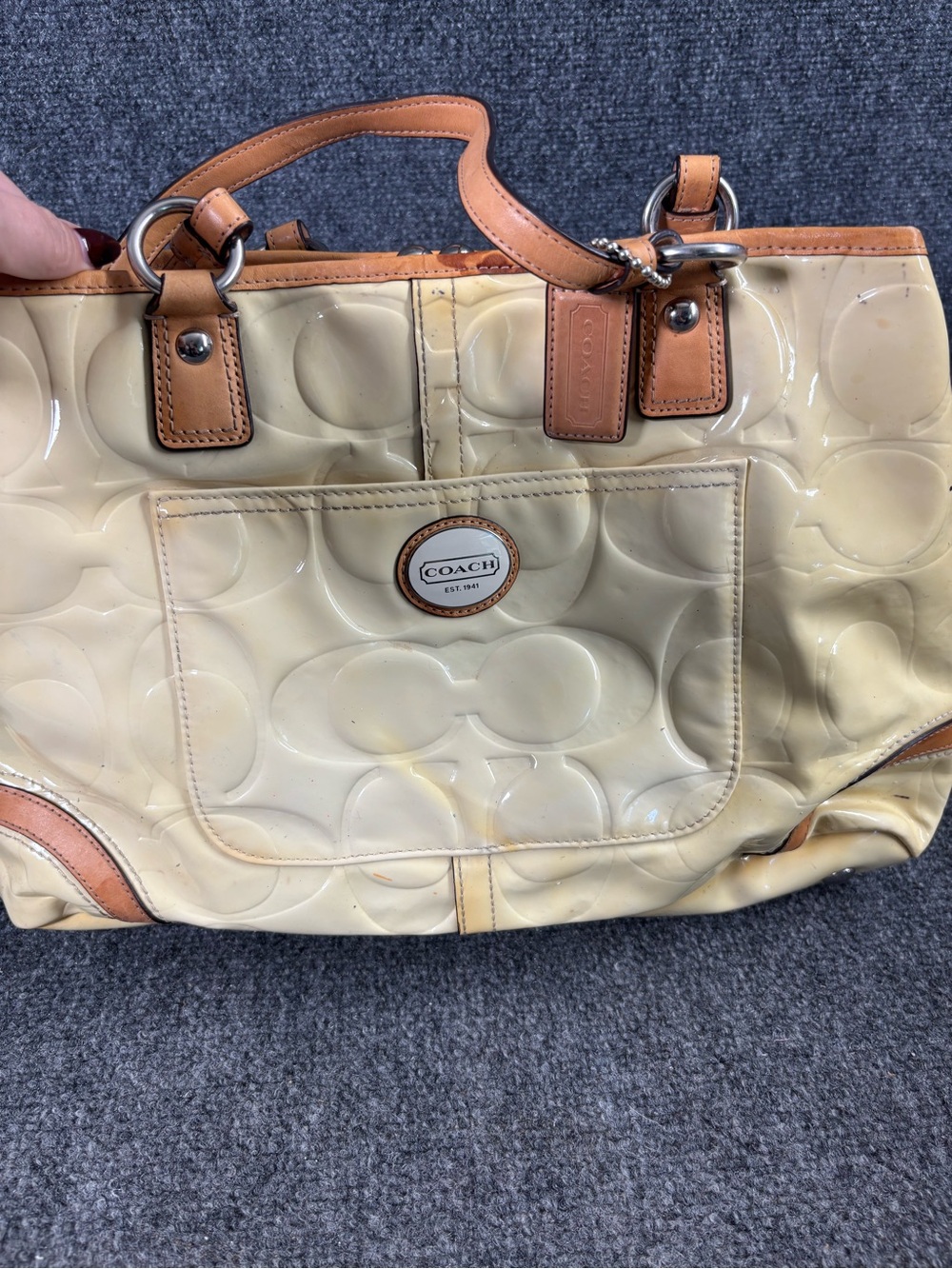 COACH Cream Patent Tote with Tan Leather Trim